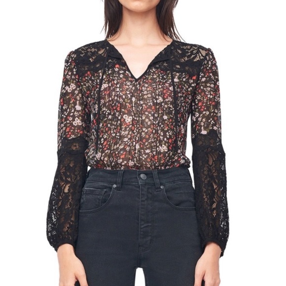 Rebecca Taylor Tops - Rebecca Taylor pin tuck chiffon lace accent sheer blouse floral print